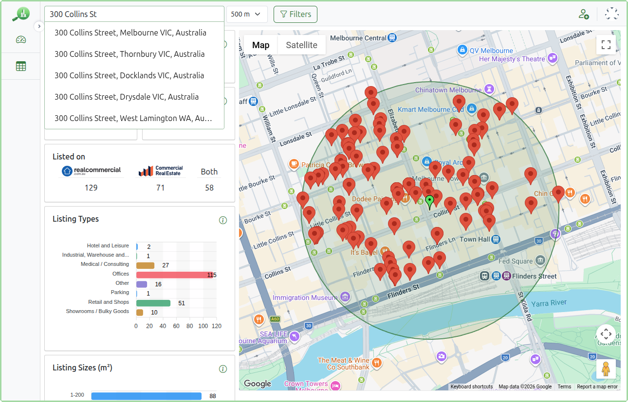 Search box showing address suggestions for 300 Collins St with matching addresses across Australia