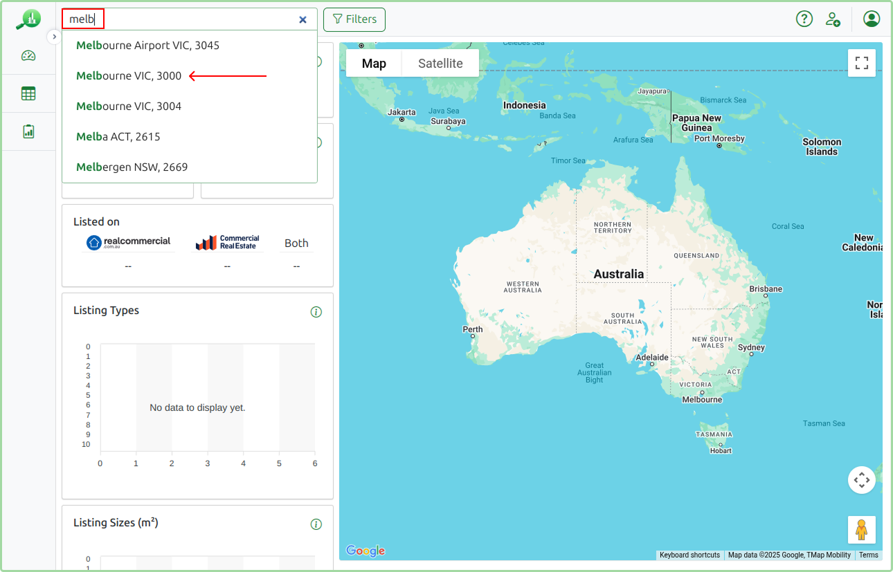 Search autocomplete showing Melbourne suburb suggestions with Melbourne VIC 3000 highlighted