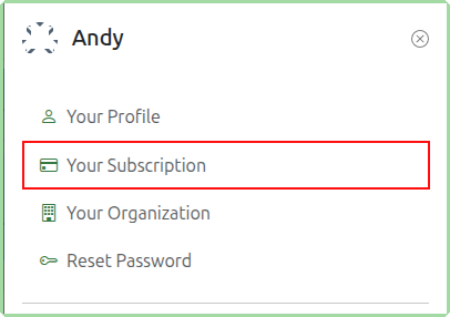 User menu with Your Subscription option highlighted