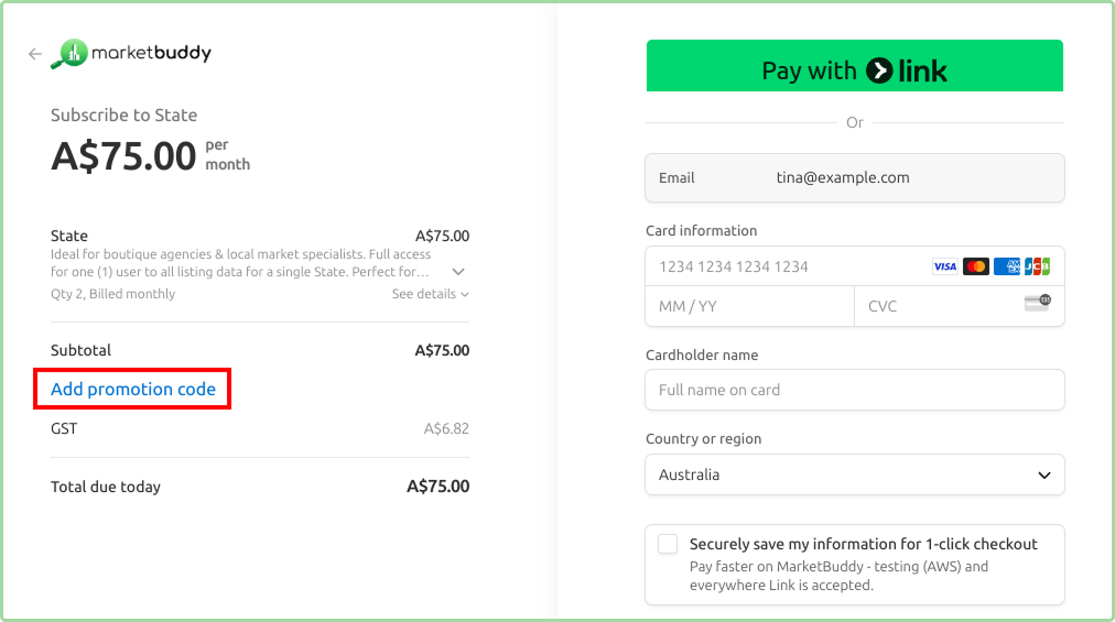Payment checkout page with Add promotion code link highlighted