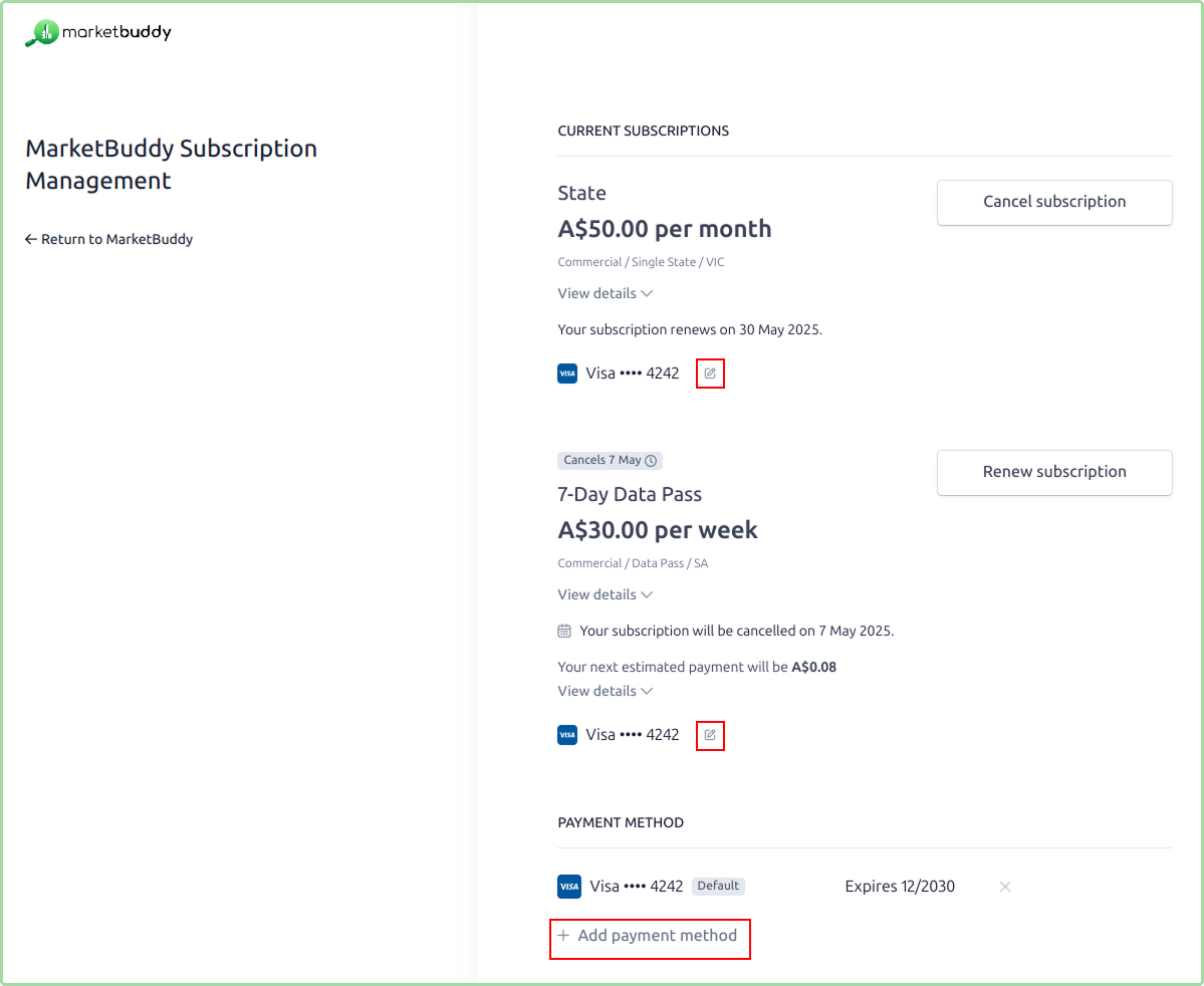 Billing portal showing current subscriptions, payment methods, and Add payment method option