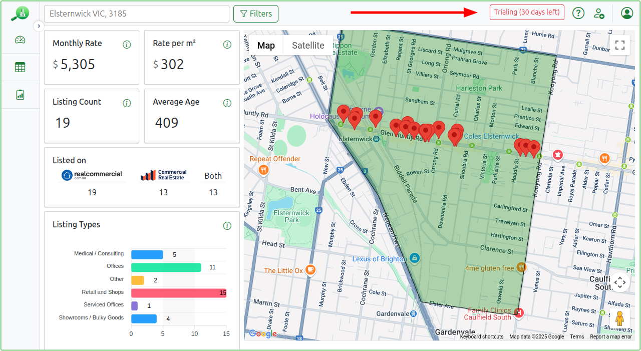 Dashboard showing Trialing badge in the top right navigation bar