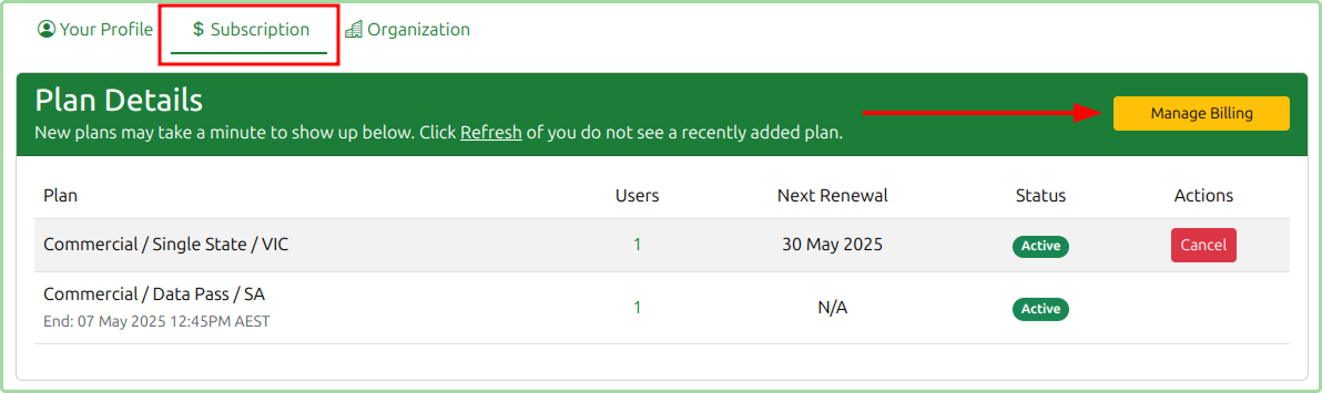 Plan Details page showing active subscriptions with Manage Billing button highlighted