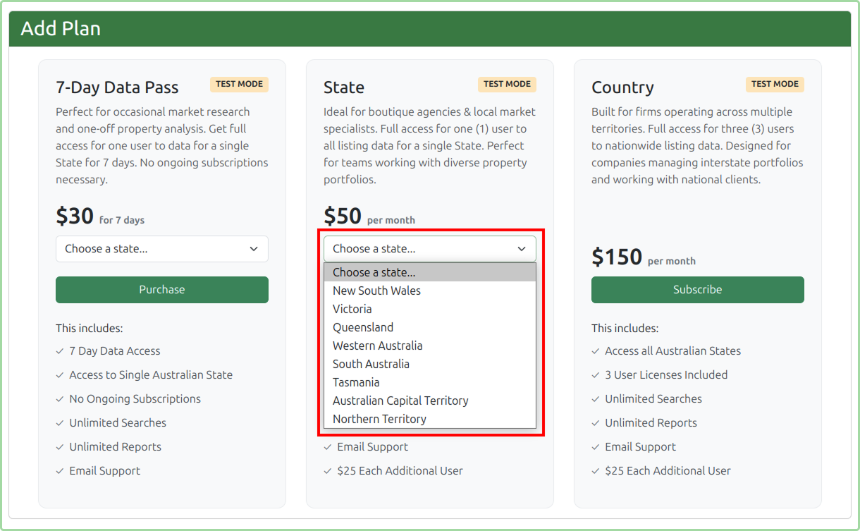 Add Plan section showing Australian state selection dropdown for the State plan