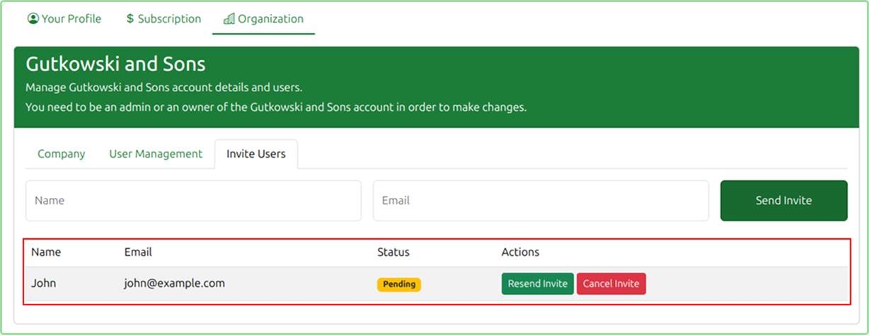 Invite Users tab showing pending invitation with Resend Invite and Cancel Invite buttons