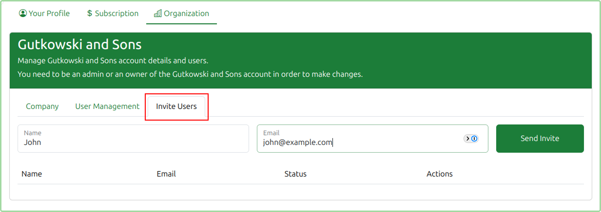 Organization page showing Invite Users tab with name and email form fields