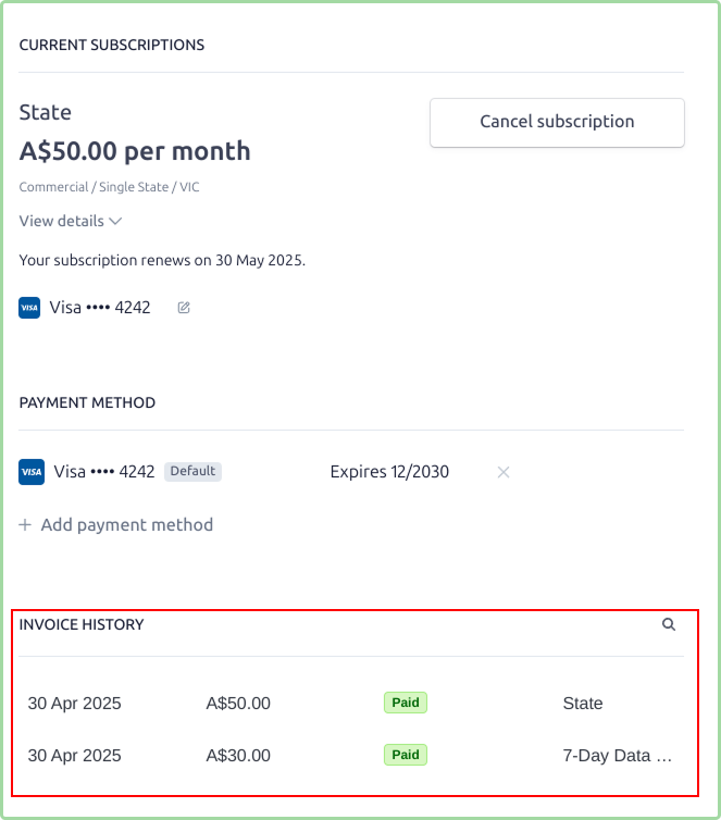 Billing portal showing Invoice History section with list of paid invoices